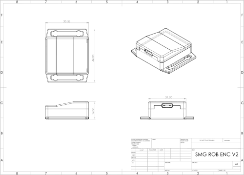 Enclosure technical drawing showing the case dimensions and side USB-C opening.