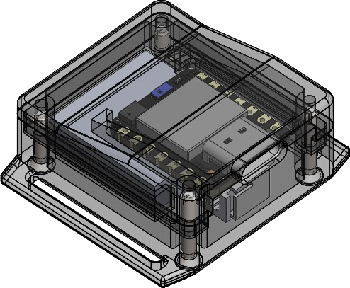 Transparent view of the enclosure showing the electronics layout inside.