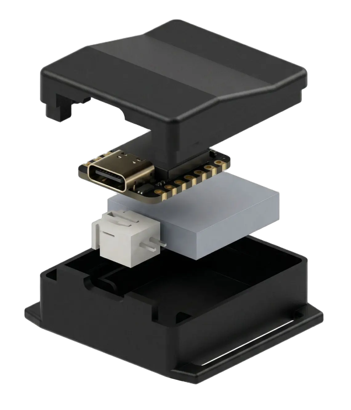 Exploded view of the StepSprite enclosure with the electronics and battery inside.